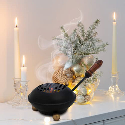 Large Smoking pan [Diameter 4.33 inch, Length Approx. 9.84 inch], Made of Iron, matt Black, with Removable Sieve and Wooden Handle - color: Black - Large