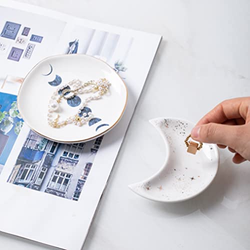 Ceramic Moon Jewelry Dish Tray Ring Holder, Small Decorative Trinket Dish for Rings Earrings Necklaces, Present for Wife and Mom, 4.5 Inch