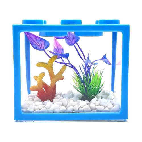 0.25 Gal Blue Stackable Mini Fish Tank Kit | Desktop Aquarium with Gravel & Plastic Plants Resin Decorations, Sea Monkeys Kit for Aquarium Enthusiasts - color: Blue