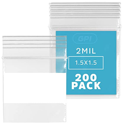 1.5" x 1.5" Mini Zip Bags, 200 Pack, Clear Plastic Reclosable Tiny Zipper Baggies with White Block for Writing, 2.5 Mil, for Packaging & Storing Jewelry, Pills, Beads & Seeds - GPI - size: 1.5" x 1.5