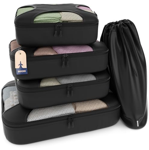 Shacke 5 Set Packing Cubes for Travel with Laundry Bag (Pure Black) - color: 5 Set - Pure Black, size: Set of 5