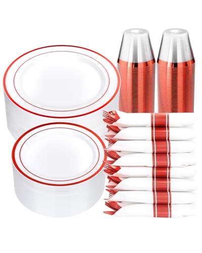 Goodluck 350 Piece Red Plastic Dinnerware Set for 50 Guests - color: White Red, style: 350 Piece (50 guests)