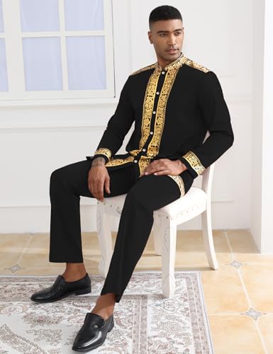 Mens African 2 Piece Set Nigerian Dashiki Metallic Traditional Suit Gold Stamp Printed Shirt and Pants Outfit - color: Black, size: XX-Large
