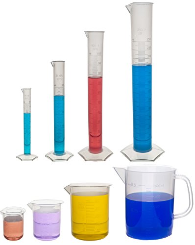 EISCO Industrial Polypropylene Plastic Measuring Volume Set - 3 Beakers, 4 Graduated Cylinders, 1 Pitcher - US Sourced Plastic