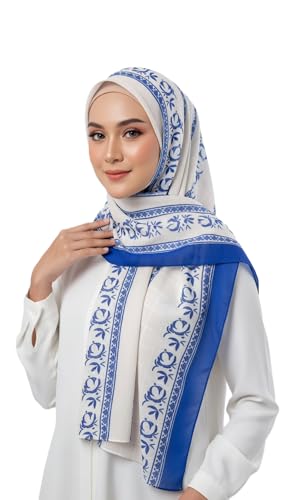 Hijab Modest and Elegant | Beautifully Designed Printed Chiffon Patterns | Muslim Women Head Scarf and Veil - color: Blue