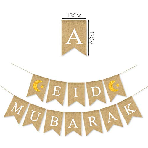 SWYOUN Burlap Eid Mubarak Banner Supplies with Glitter Moon and Star Signs Mantel Fireplace Decoration