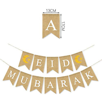 SWYOUN Burlap Eid Mubarak Banner Supplies with Glitter Moon and Star Signs Mantel Fireplace Decoration