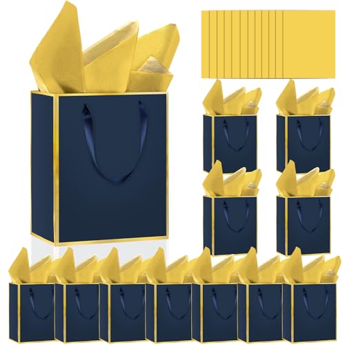 Epoesch 12 Pack Gift Bags with Handles & 12 Tissue Papers – 8x5x10 Inches - color: Navy Blue, Gold, size: 1 Count (Pack of 12)