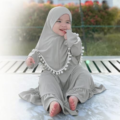 IBTOM CASTLE Abaya for Baby Girls with Hijab 2PCS Muslim Prayer Clothes Long Bell Sleeve Middle East Dubai Islamic Clothing - color: Silver Grey, size: 2-3 Years