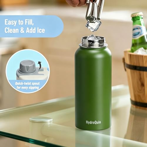 32 oz Insulated Water Bottle Olive Green Stainless Steel Flask | Keep Cold 24 Hours Hot 12 Hours - Leakproof Twist Spout Lid & Flex Handle - No Straw Metal Water Bottle for Hiking & Camp - color: Olive Green