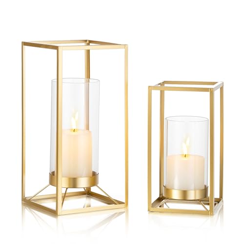 Gold Lantern Decorative Indoor: Set of 2 Wedding Lanterns with Hurricane Glass Modern Candle Holder for Table Centerpiece Fireplace Mantles Kitchen - color: Gold