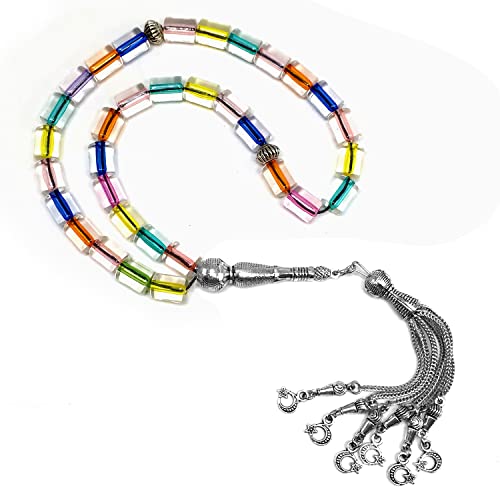 Mixed Color Transparent Column Acrylic Worry Beads, Prayer Beads, Tesbih, Tasbih, Tasbeeh, Rosary, Misbaha, Masbaha (10x7.5mm-33 Beads) - color: Acrylic Mixed Color Transparent Column -10x7.5mm-33 Beads