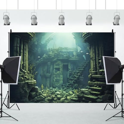 15x8ft Underwater Backdrop Undersea Roman Building Gothic Style Palace Mid Century Photography Background Aquarium Building Stone with Fish Seaweed Deep Sea Sunlight Decor - size: 15x8ft