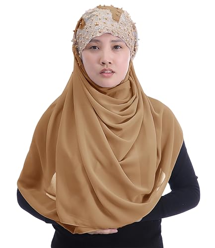 Lina & Lily Premium Chiffon Hijab Head Scarf Wrap with Gold Sequins Glitters Beads for Muslim Women - color: Camel