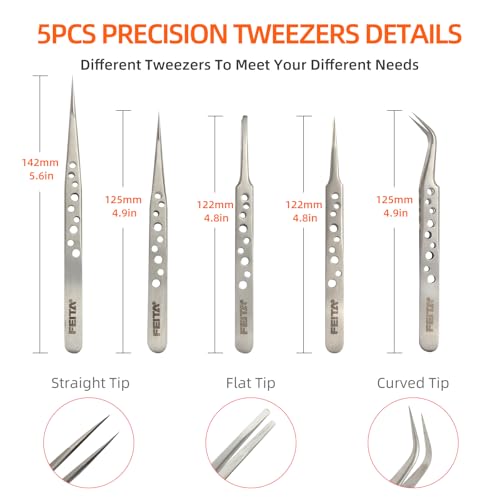 FEITA Precision Tweezer Set - Tweezers for Crafts, Jewelry, Lash Extensions, Electronics & Hobby Tools - color: Silver Tweezers - 5pcs