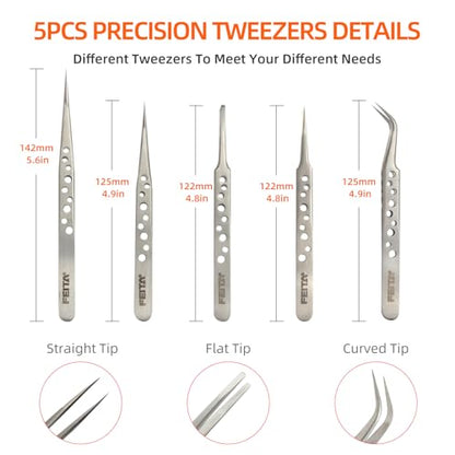 FEITA Precision Tweezer Set - Tweezers for Crafts, Jewelry, Lash Extensions, Electronics & Hobby Tools - color: Silver Tweezers - 5pcs