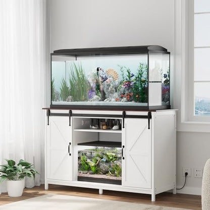 VOWNER Farmhouse 55-75 Gallon Fish Tank Stand with Power Outlet, Grey | Aquarium Stand with Storage Cabinet and Sliding Barn Door, Heavy Duty Reptile Tank Stand, for 2 Tanks, 1000LBS Capacity - color: White + Walnut