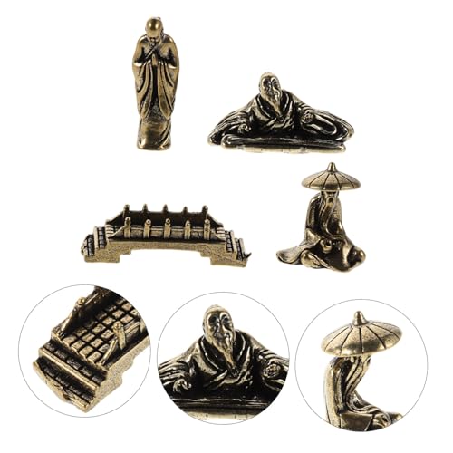 4pcs Brass Mini Fisherman Figurines Set, Old Chinese Fisherman and Monk Sculptures with Luoyang Bridge, Miniature Oriental Micro Landscape Decor for Desktop and Aquarium
