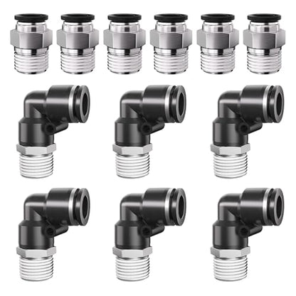 1/4" Tube OD to 1/4" NPT Thread Push to Connect Fittings,Pneumatic Quick Air Hose Fittings,Male Straight + Elbow,PC+PL(12pcs) - color: Black PC+PL, size: 1/4"OD x 1/4"NPT