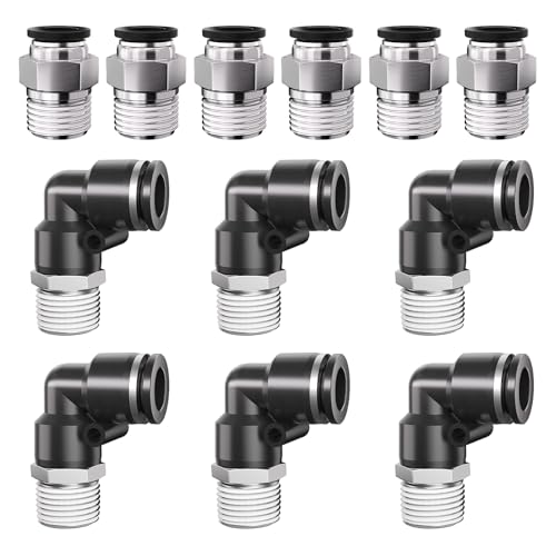 1/4 Push to Connect Fittings npt Thread to 1/4 Air Line quick | Pneumatic Tubing Hose 1/4 OD Tube to 1/4 npt, Male Elbow 90 Degree Straight Coupler - size: 1/4"OD x 1/4"NPT