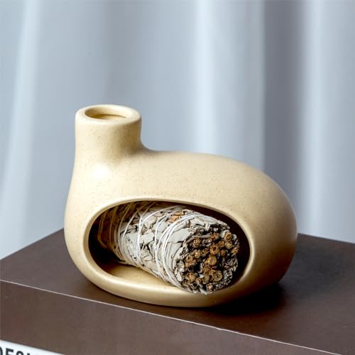 MOUGIGI Palo Santo Holder - Ceramic Incense Burner for Palo Santo Sticks, Cone, and Spiritual Sage - Modern Chiminea for Meditation - Handcrafted Smudge Bowl and Meditation Gift - color: Glazed Ceramics - Beige