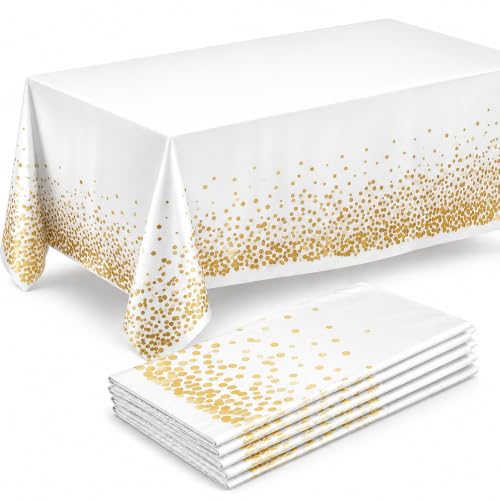 Prestee White and Gold Tablecloths, 4pk, 54x108 Inches - Party Table Cloths Disposable - Gold Dot Disposable Tablecloths - Plastic Table Cloth - Engagement Party Decorations, Baptism Decorations - color: White/Gold, size: Rectangle (4 Pack)