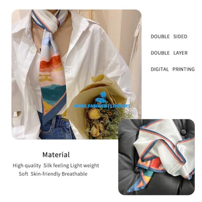 Silk Feeling Head Scarf Fashion Satin Hair Scarf Square Long Scarves for Women Gifts - color: 02 Sun Declined Westward /5.12 X 59 Inch