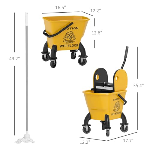 HOMCOM Mop Bucket with Wringer on Wheels, 27.5 Quart, with Mop, Yellow | Down Press Wringer, Handle and Mop, Floor Cleaning - color: Yellow, size: 27.5 Quart