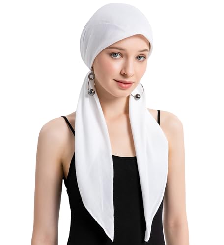 ZLYC Chemo Headwear Long Pre Tied Head Scarf Beanie for Women - color: Solid White