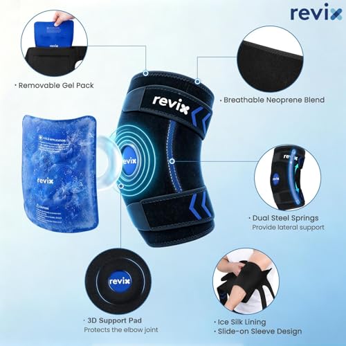 REVIX Cubital Tunnel Elbow Brace with Upgraded Soft Detachable Gel Pack, Tennis Elbow Ice Pack Wrap for Pitchers, Hot and Cold Therapy Support for Athletes, Golfer's Elbow, Post-workout Recovery