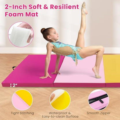 Giantex 4'x10'x 2" Gymnastics Mat, 4-Panel Folding Aerobics Exercise Mat w/Hook & Loop Fastener, Carrying Handle, Portable Tumbling Mat for Stretching Yoga Cheerleading Martial Arts - color: Green/Yellow/Pink