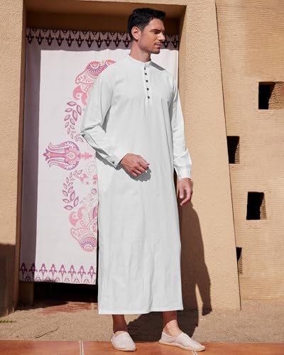 YAOHUOLE Muslim Thobe for Men Button down Mens Caftans Big and Tall Mens Arab Thobe with Pocket - color: White, size: X-Large