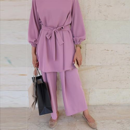 IWEMEK Abayas for Women Muslim Long Sleeve Loose Top Pants 2 Pcs Eid Ramadan Outfits Casual Islamic Muslim Clothes with Belt - color: Fuchsia, size: Small
