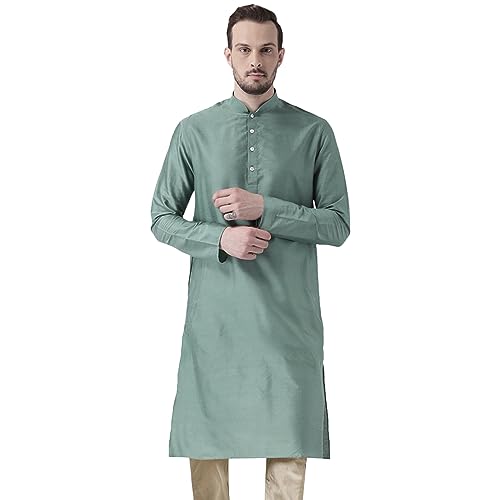 KISAH Men's Kurta - Solid - Indian Wedding Outfit for Men - Ideal for Weddings and Festivals - color: Green 1, size: 44-45