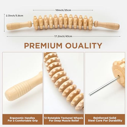Wooden Cellulite Massage Roller for Legs and Thighs - Handheld Fascia Blaster Tool for Muscle Relief, Lymphatic Drainage & Body Sculpting - Anti Cellulite Massager for Women and Men (12 Wheel) - color: Wooden Bend