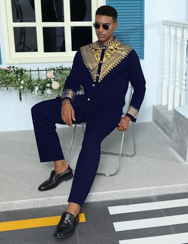 Mens African 2 Piece Set Metallic Traditional Suit Gold Stamp Printed African Dashiki Shirt and Pants Outfit - color: Navy Blue, size: Large