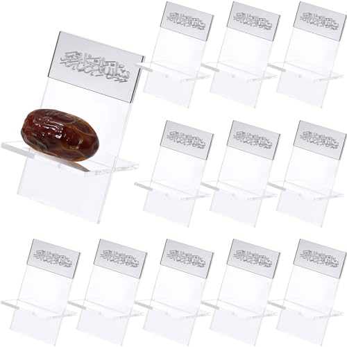 Potchen 12 Pack Ramadan Date Holders Acrylic Glass Bismillah Islamic Calligraphy Date Stands Home Table Centrepiece Decorations for Eid Ul Fitr Fasting Ramazan Adha Gifts Party Favors(Modern,Silver) - color: Silver, style: Modern