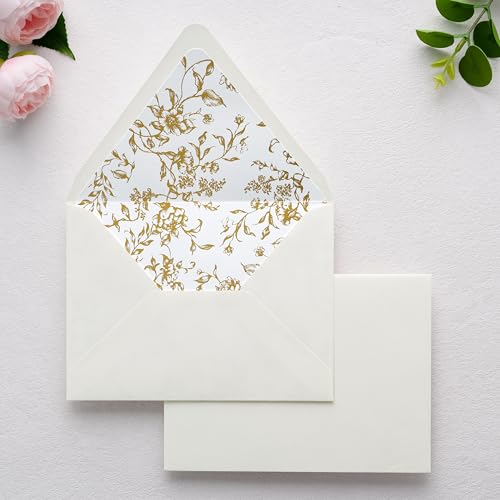 PONATIA A7 Euro Flap Gold Foil Liner Envelopes, Ivory Shimmer 5x7 Envelopes - color: Ivory + Goil Foil