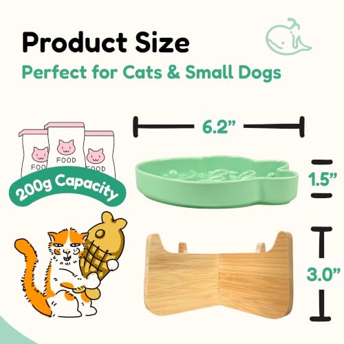 Elevated Slow Feeder Cat Bowl with Stand, 6.3''Ceramic Fish Maze Cat Food Bowl, Raised Whisker Friendly Wide Shallow Cat Dish for Wet & Dry Food, Non Slip Puzzle Feeder for Cats & Small Dogs (Green) - color: Green with Stand