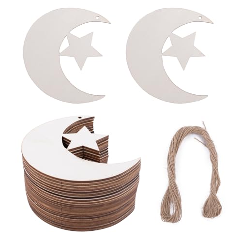 50 Pack Unfinished Wooden Moon Star Cutouts with Twines 3.94inch