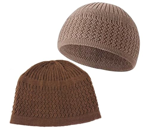 Set 2 Colors Knit Beanie Kufi Hats Muslim Stretchy Skull Caps AMN-026C Islam Cotton Breathable Crochet Hat Eid Ramadan Gift - color: Kaki & Brown