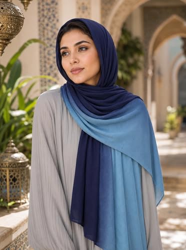 Gradient Dual Color Scarf，Elegant Ombre Headwraps Hijab, Modal Cotton Feel Lightweight Sunscreen Shawls for Women - color: 1#navyblue