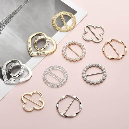 10 PCS Scarf Rings for Women, T-Shirt Tie Clips with 1 Storage Bag, Pearl Belt Buckles, Dress Cinch Clip, Silk Scarf Ring, Pearl/Heart-Shaped Buckles For Clothes Hat Belt Decor