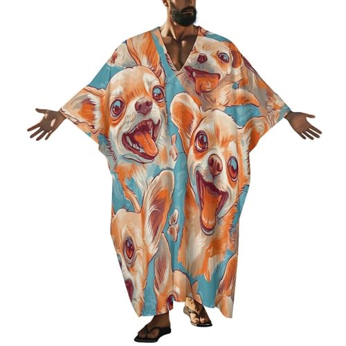 Happy Chihuahua Dogs Men's Kaftan Thobe V-Neck Long Gown Loose Robe - size: XX-Large