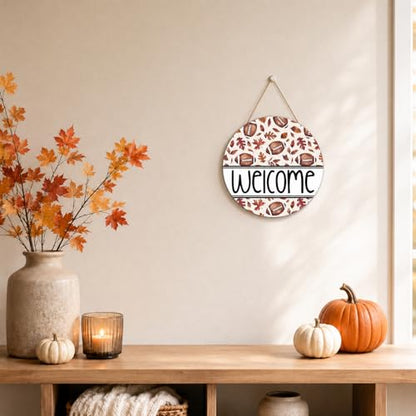 Smile Fall Football Welcome Wooden Round Door Hanger, Autumn Leaves Front Door Sign for Thanksgiving Game Day Decorations - style: Welcome Football