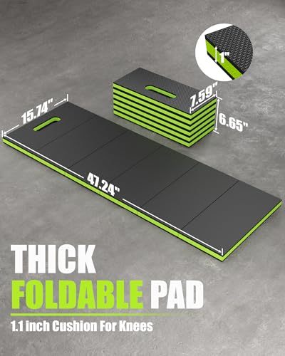 Folding Kneeling Pad, 1 Inch Thick Compact Mechanic Mat, Green | 47.24 x 15.74 Inch 6-Panel Firm Foam Pad with Tool Pockets, Carry Handle and Water-Resistant Textured Surface - color: Green
