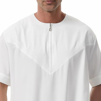 Muslim Men Abaya Short Sleeve Kaftan Islamic Arab Robe Men Dishdasha Zipper Robe Ethnic Clothes Dubai Travel Thobe - color: White, size: X-Large