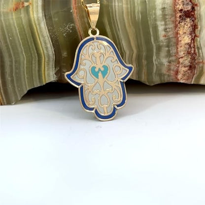 14K Solid Gold Pendant Necklace Hand-Painted Abstract Hamsa Hand and Allah Calligraphy (Evil Eye) - Gift for Men, Women, Daughter, Son, Unisex Adults, Kids - color: Hamsa Hand with Heart Design, style: Pendant w/ Cuban Link 16"