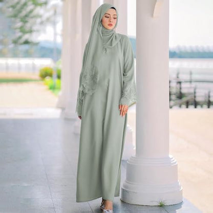 Prayer Clothes for Muslim Women Long Sleeve One-Piece Islamic Prayer Dress O Neck Slim Fit Islamic Evening Gown - color: Light Green, size: X-Large