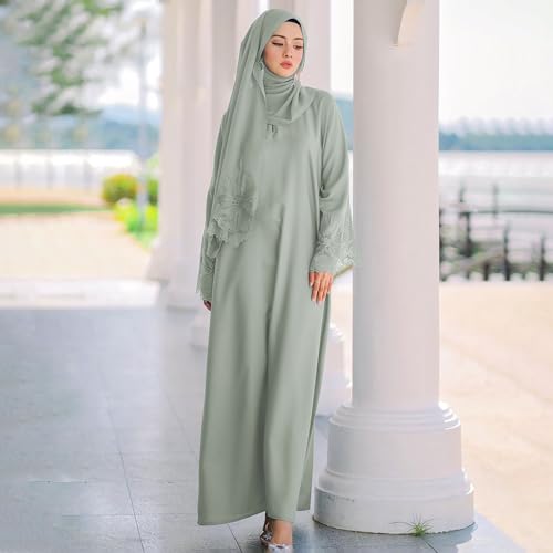 Prayer Clothes for Muslim Women Long Sleeve One-Piece Islamic Prayer Dress O Neck Slim Fit Islamic Evening Gown - color: Light Green, size: Large